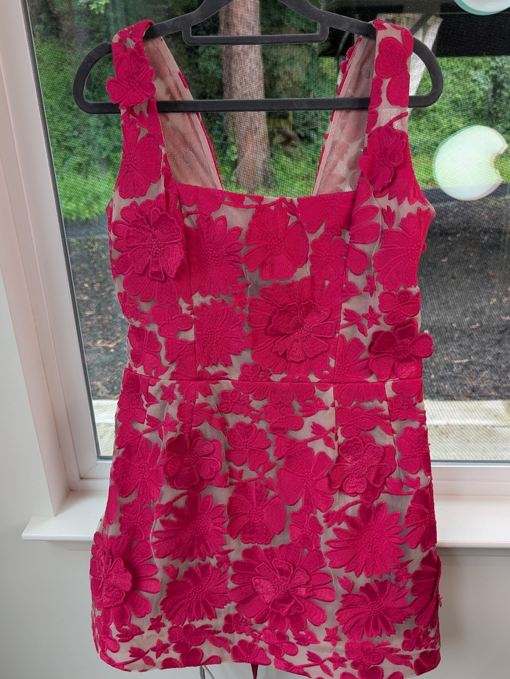 Anthropologie Hot Pink Floral Appliqué Sleeveless Mini Dress